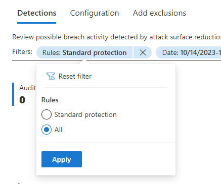 Changing filter to All and selecting ASR rules
